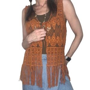 Kontrol Contemporary Boho Crochet Vest Sz S Sienna Brown Fringe Western Festival
